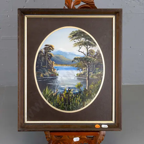 illegible signature framed oil 1984 on small ornate easel "Lake Moeraki Westland" Overall H-470 W-290 D-300