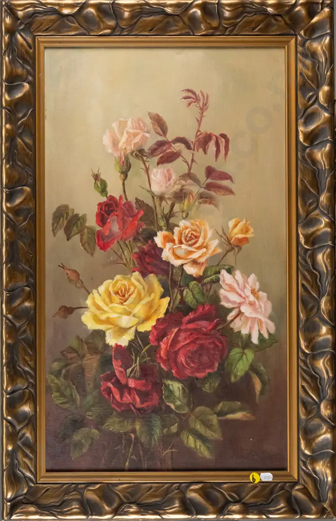 illegible signature - gilt framed oil - roses H-590 W-340 Image 1++