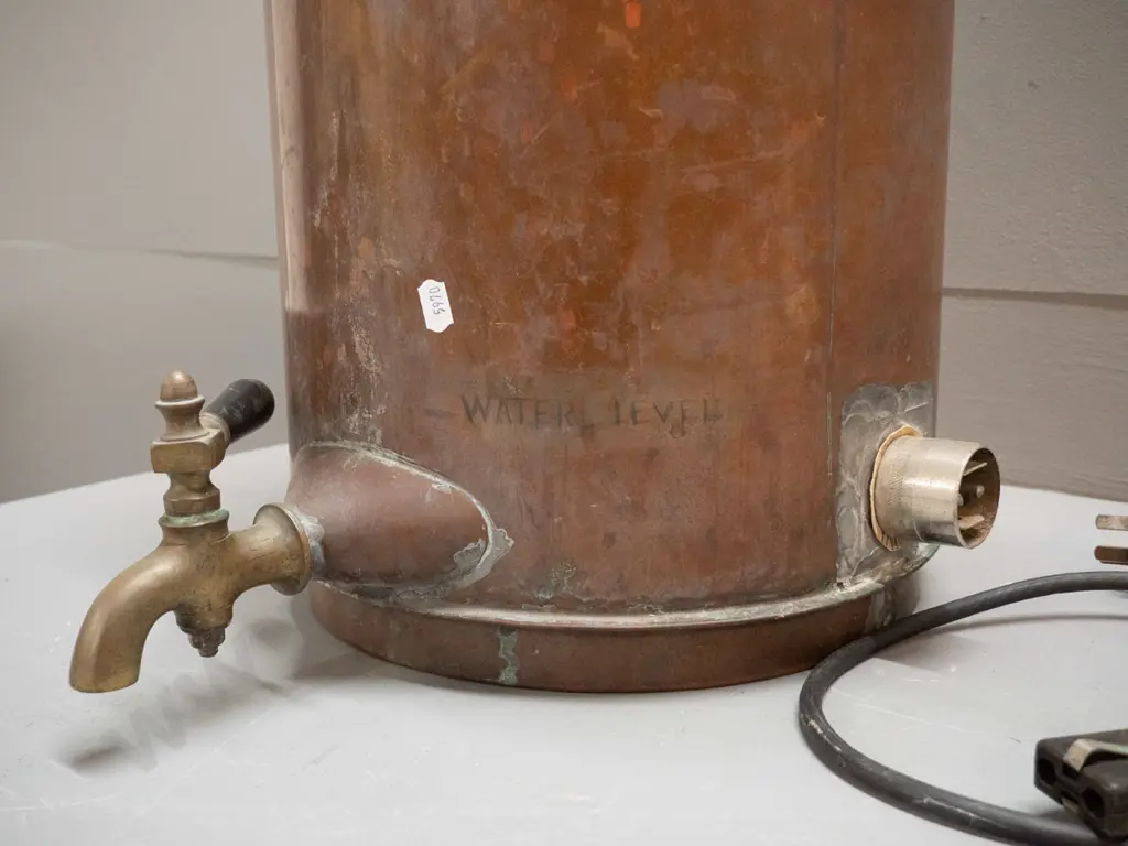 vintage copper plated electric water heater with brass tap, lift off lid with copper knob, heating element and cord Image 1++
