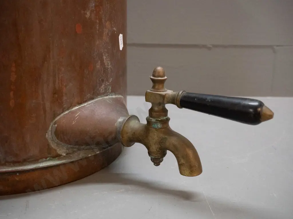 vintage copper plated electric water heater with brass tap, lift off lid with copper knob, heating element and cord Image 1++