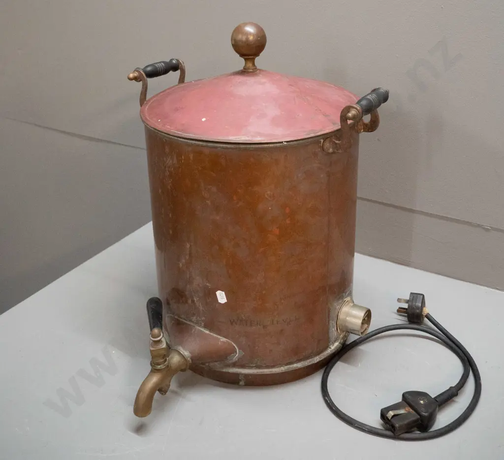vintage copper plated electric water heater with brass tap, lift off lid with copper knob, heating element and cord Image 1++