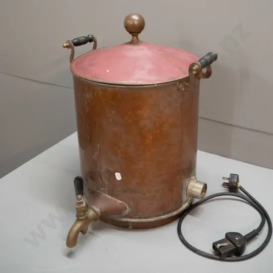 vintage copper plated electric water heater with brass tap, lift off lid with copper knob, heating element and cord