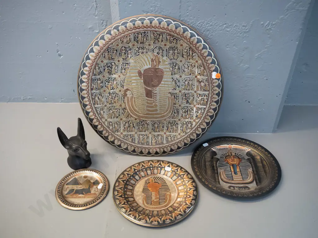 Egyptian souvenir ware - 4 pressed metal wall hangings and a small composite or black stone cat head with small chip to Image 1++