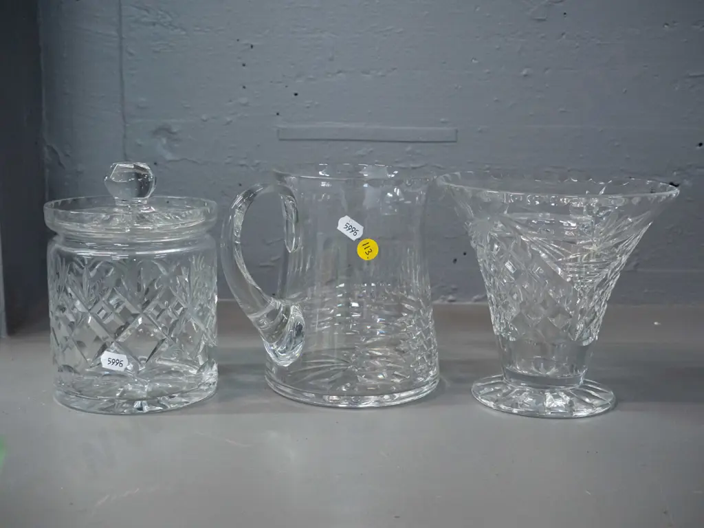 3 cut crystal items - Edinburgh jug H-150, and 2 with no maker's marks - vase with frog and lidded canister Image 1++