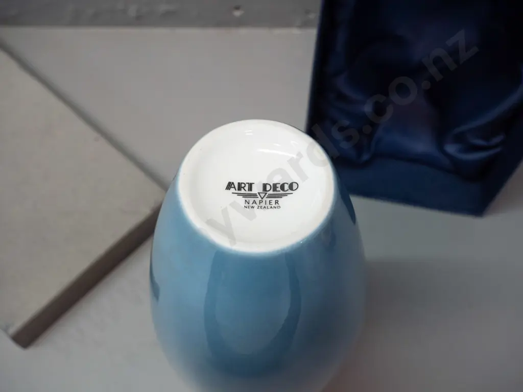 deco style vase in original box - pink & blue with gilt design, marked Art Deco Napier NZ H-220 D-100 Image 1++