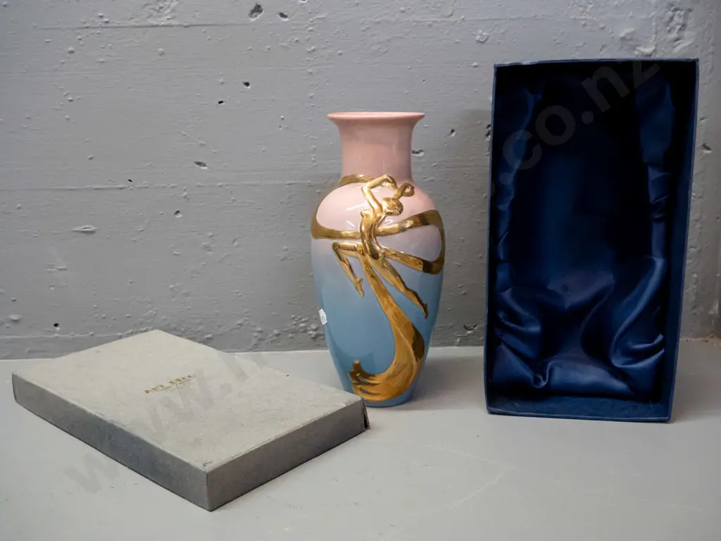 deco style vase in original box - pink & blue with gilt design, marked Art Deco Napier NZ H-220 D-100 Image 1++
