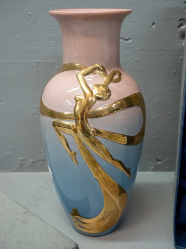 deco style vase in original box - pink & blue with gilt design, marked Art Deco Napier NZ H-220 D-100 Image 1++