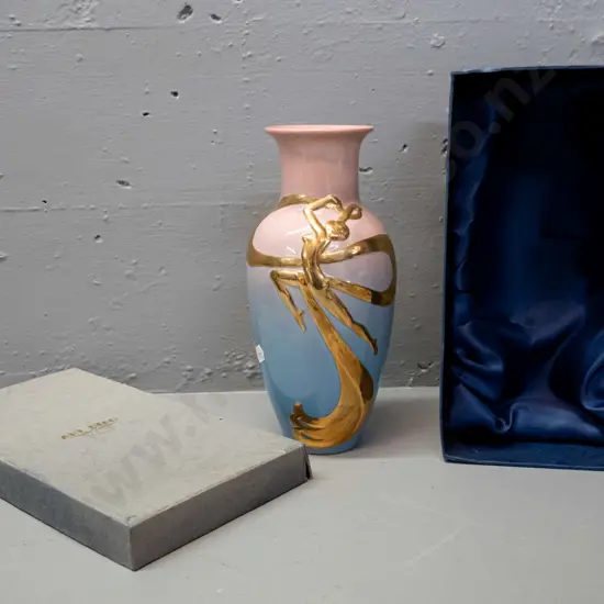 deco style vase in original box - pink & blue with gilt design, marked Art Deco Napier NZ H-220 D-100
