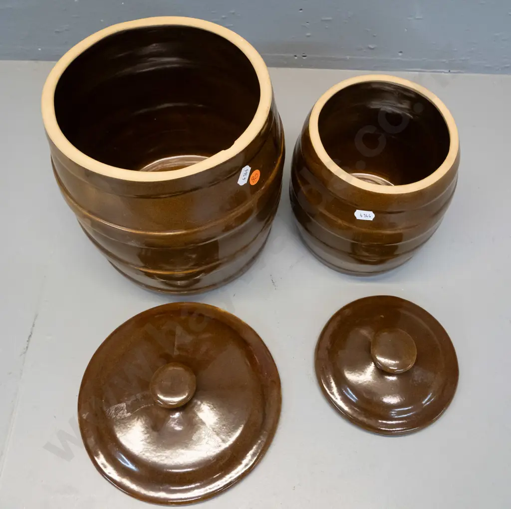 2 brown wide-mouth stoneware crocks, no maker's marks - larger H-270 D-210 has chip on inside top rim Image 1++