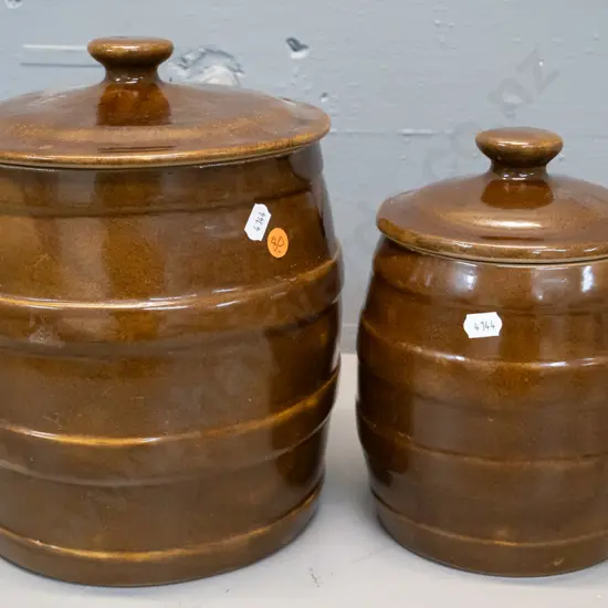 2 brown wide-mouth stoneware crocks, no maker's marks - larger H-270 D-210 has chip on inside top rim