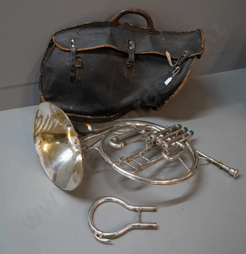 vintage French horn with leather fitted case - Besson "Prototype" London, engraved Chas. Beggs NZ - some wear to plating Image 1++