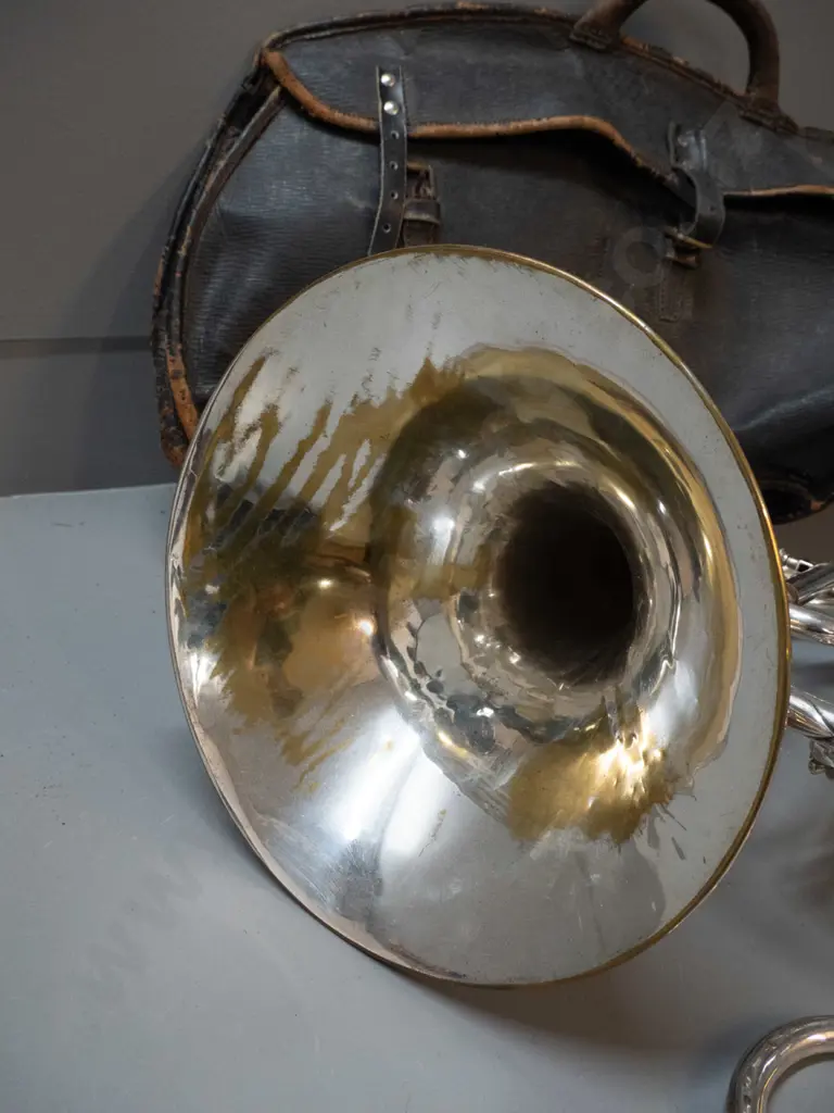 vintage French horn with leather fitted case - Besson "Prototype" London, engraved Chas. Beggs NZ - some wear to plating Image 1++
