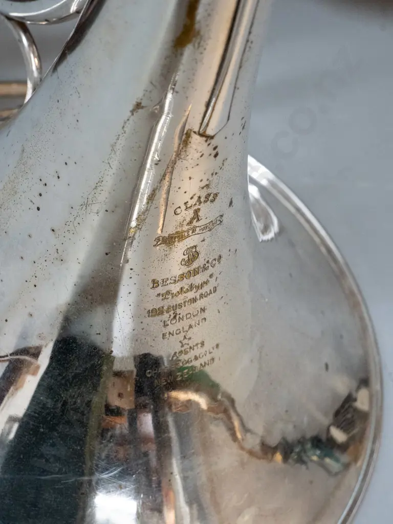 vintage French horn with leather fitted case - Besson "Prototype" London, engraved Chas. Beggs NZ - some wear to plating Image 1++