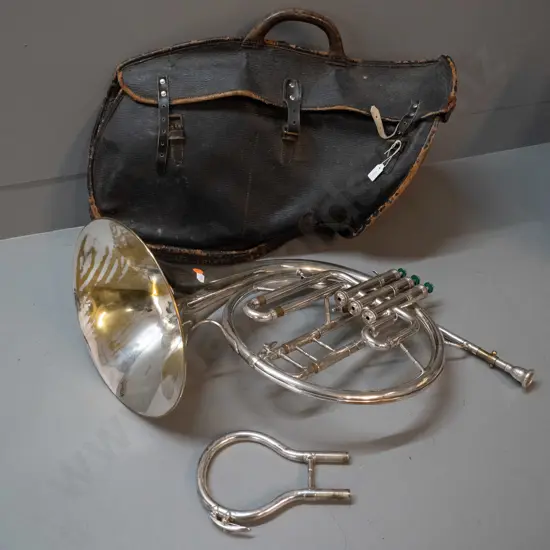 vintage French horn with leather fitted case - Besson "Prototype" London, engraved Chas. Beggs NZ - some wear to plating