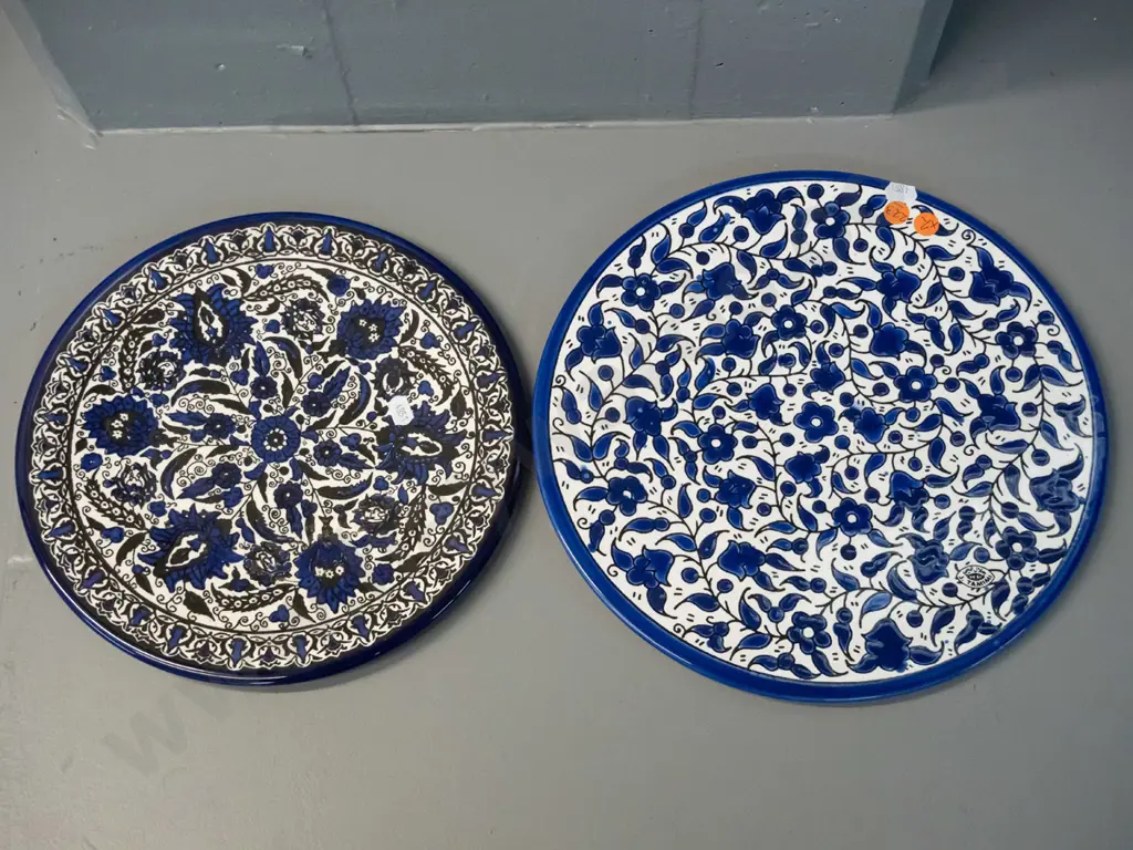 2 Palestinian blue & white display plates from Hebron - with wall hangers - larger is D-300, has small chip near rim on Image 1++