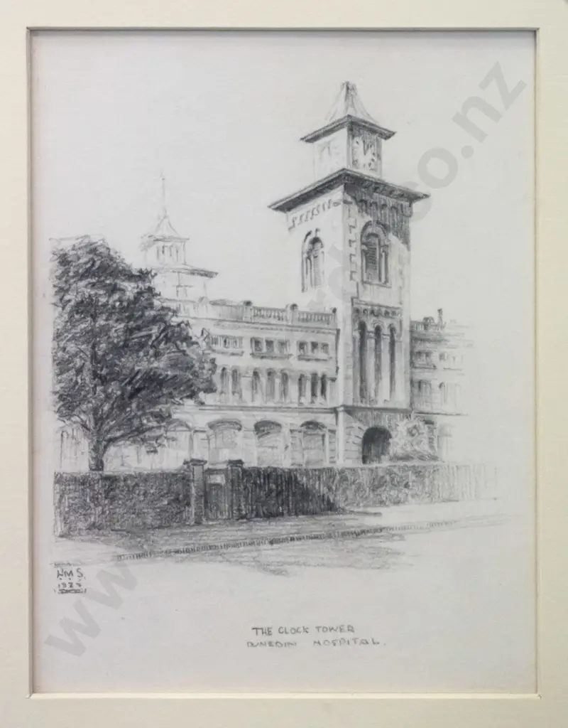framed pencil sketch (or print?) of old Dunedin hospital clock tower - initialled HMS 1925 H-210 W-160 Image 1++