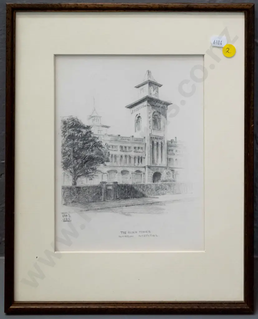 framed pencil sketch (or print?) of old Dunedin hospital clock tower - initialled HMS 1925 H-210 W-160 Image 1++