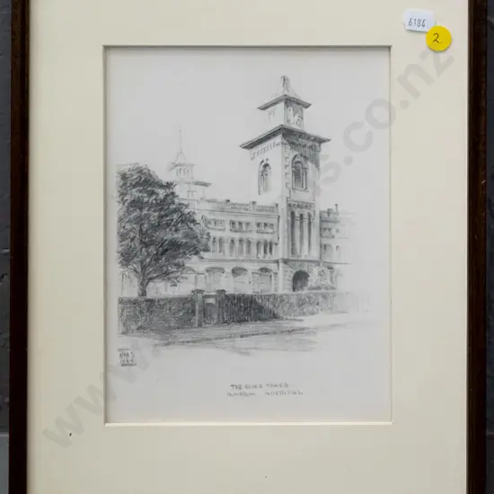 framed pencil sketch (or print?) of old Dunedin hospital clock tower - initialled HMS 1925 H-210 W-160