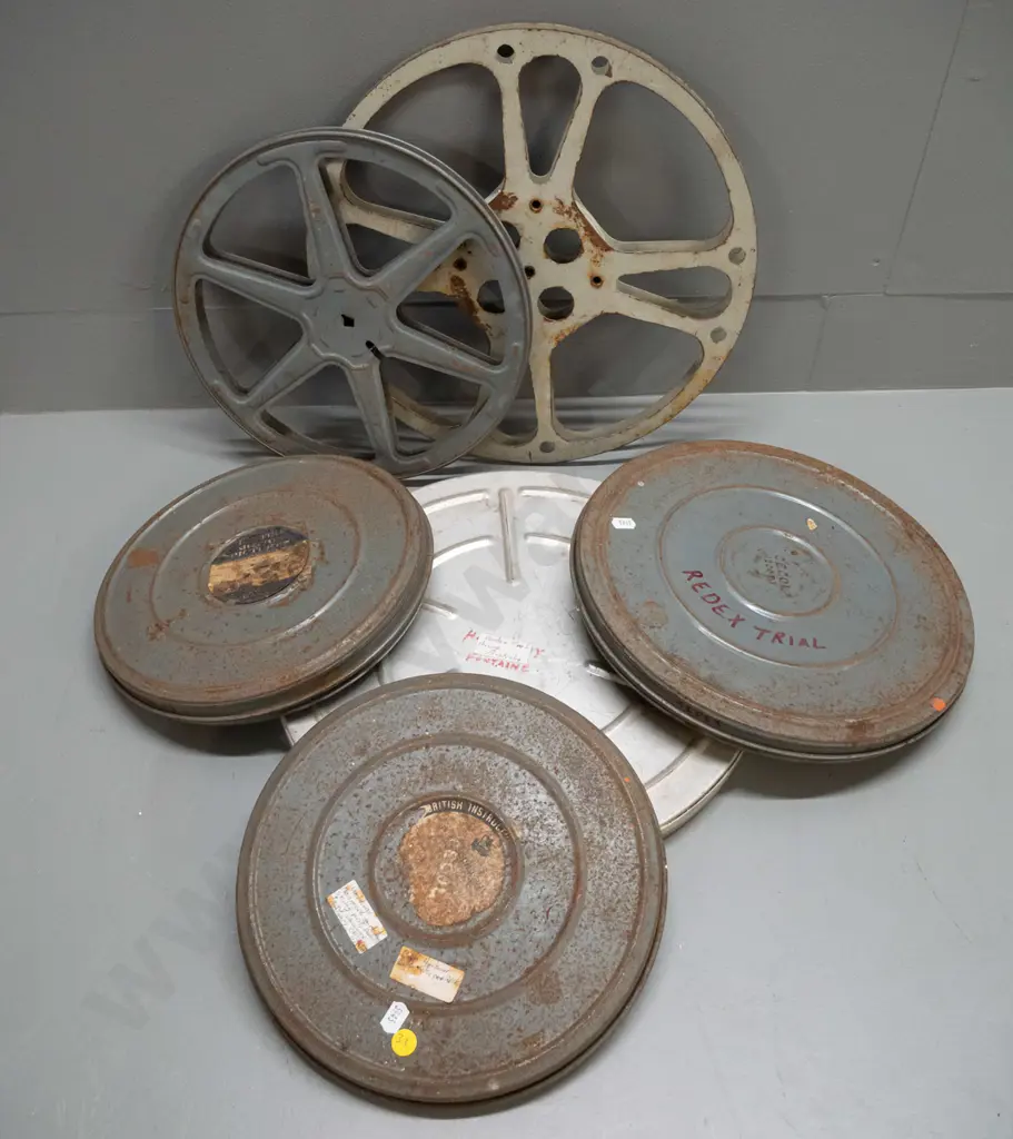 4 vintage film reels in cans and 2 spare reels - 3 are marked Redex Trial (mid 1950s Australian endurance automotive Image 1++