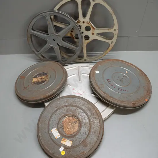 4 vintage film reels in cans and 2 spare reels - 3 are marked Redex Trial (mid 1950s Australian endurance automotive