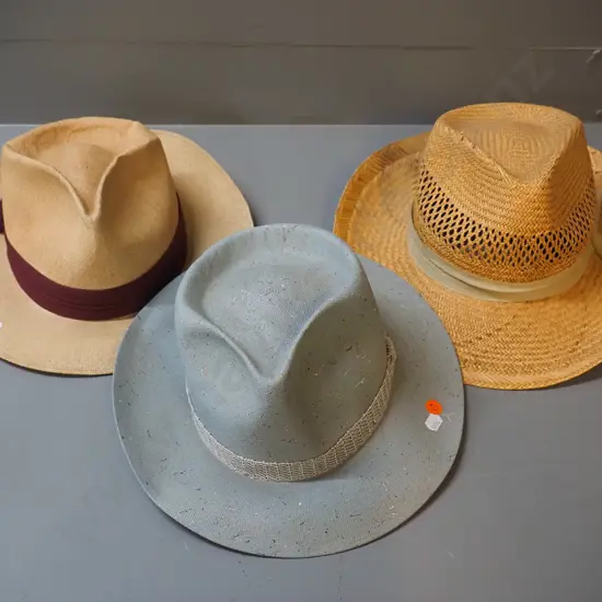 3 vintage men's hats - grey Wellesley Panama, Rexley Miami mesh and a straw hat, 2 marked size 6 & 3/4