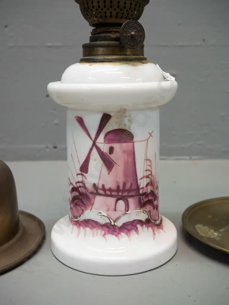 2 vintage spirit lamps and a brass candle holder with chimney - milk glass hand painted base has a chipped chimney, Image 1++