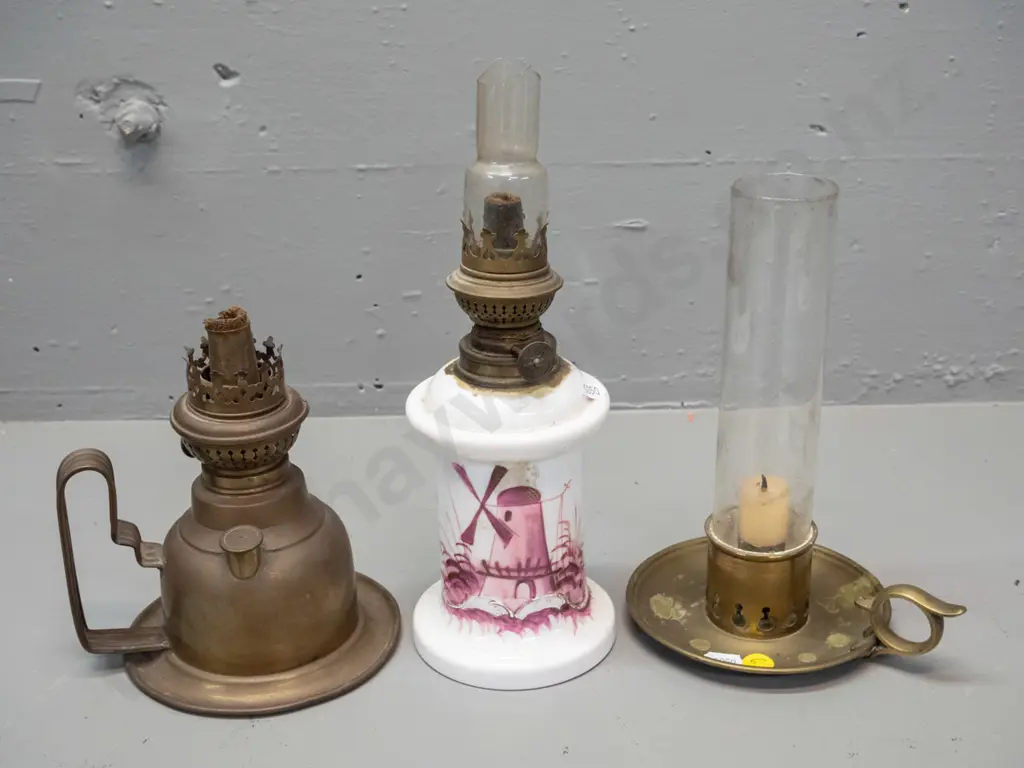 2 vintage spirit lamps and a brass candle holder with chimney - milk glass hand painted base has a chipped chimney, Image 1++