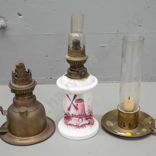 2 vintage spirit lamps and a brass candle holder with chimney - milk glass hand painted base has a chipped chimney,