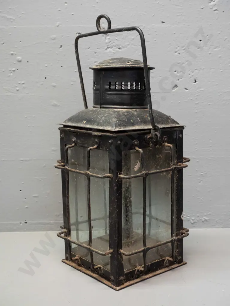 large black painted metal and clear glass signal lantern with folding top handle H-370 W-200 D-200 Image 1++