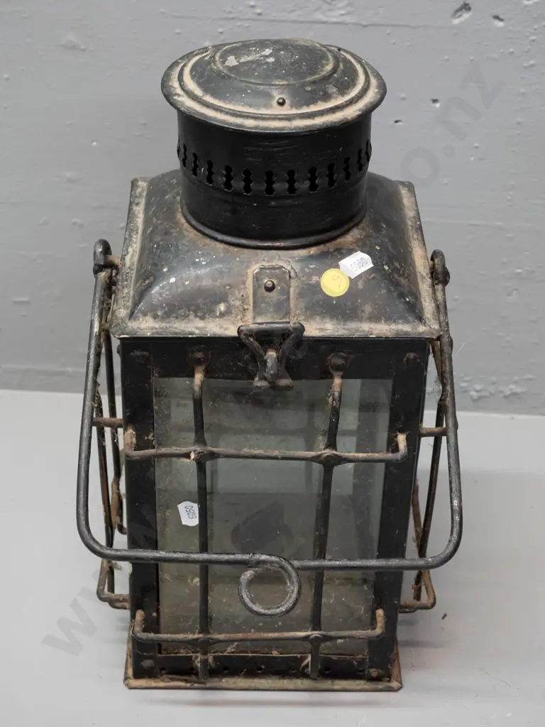 large black painted metal and clear glass signal lantern with folding top handle H-370 W-200 D-200 Image 1++
