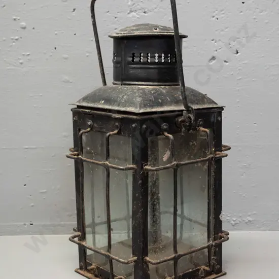 large black painted metal and clear glass signal lantern with folding top handle H-370 W-200 D-200