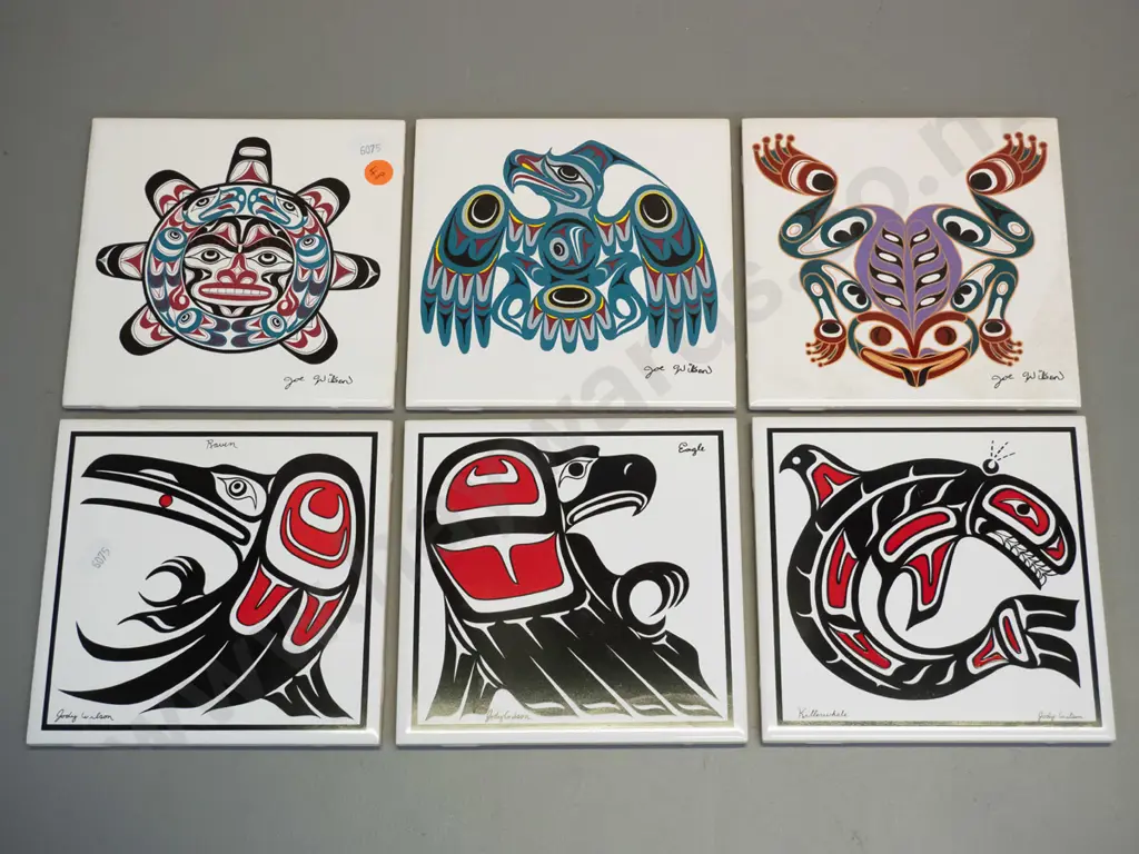 6 Canadian northwest coast Salish style tiles - 3 marked "Joe Wilson" and 3 "Jody Wilson" each 150x150 Image 1++