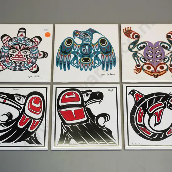 6 Canadian northwest coast Salish style tiles - 3 marked "Joe Wilson" and 3 "Jody Wilson" each 150x150