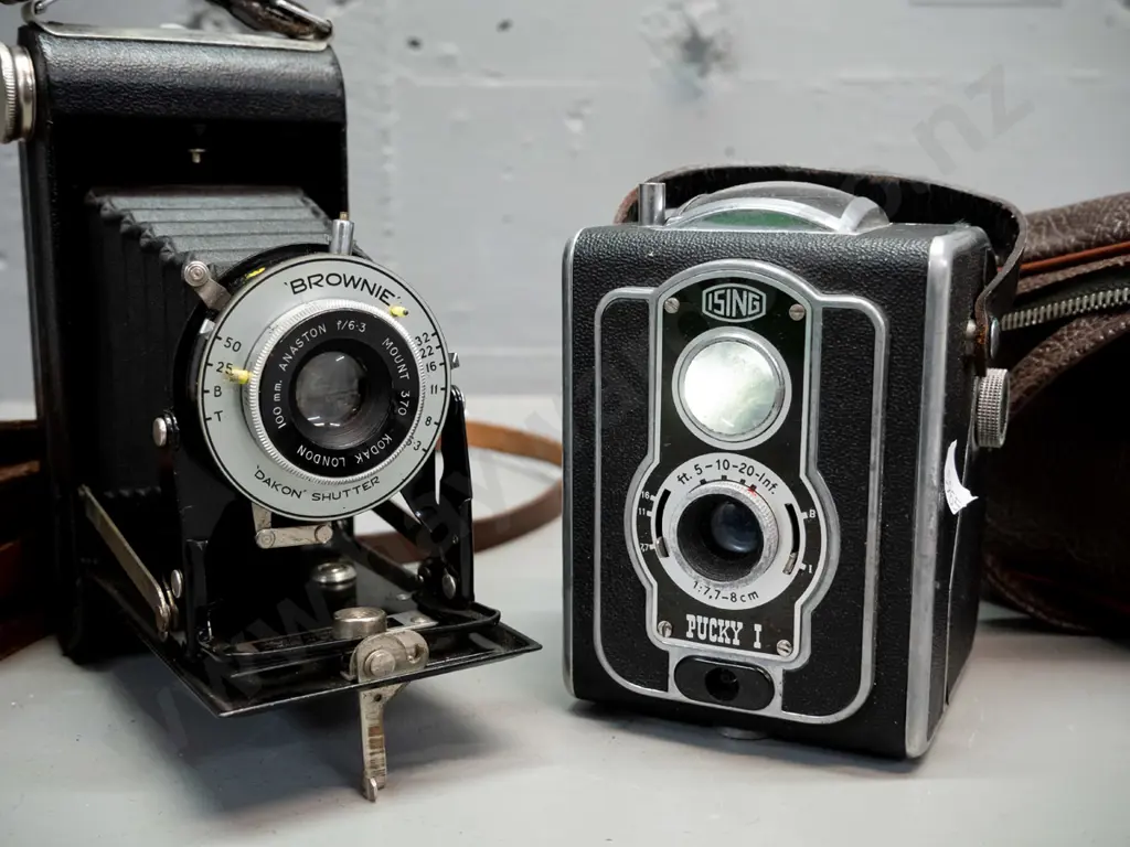 2 vintage film cameras with cases - Ising "Pucky 1" 120 box camera H-110 and a folding Kodak 620 Brownie Image 1++