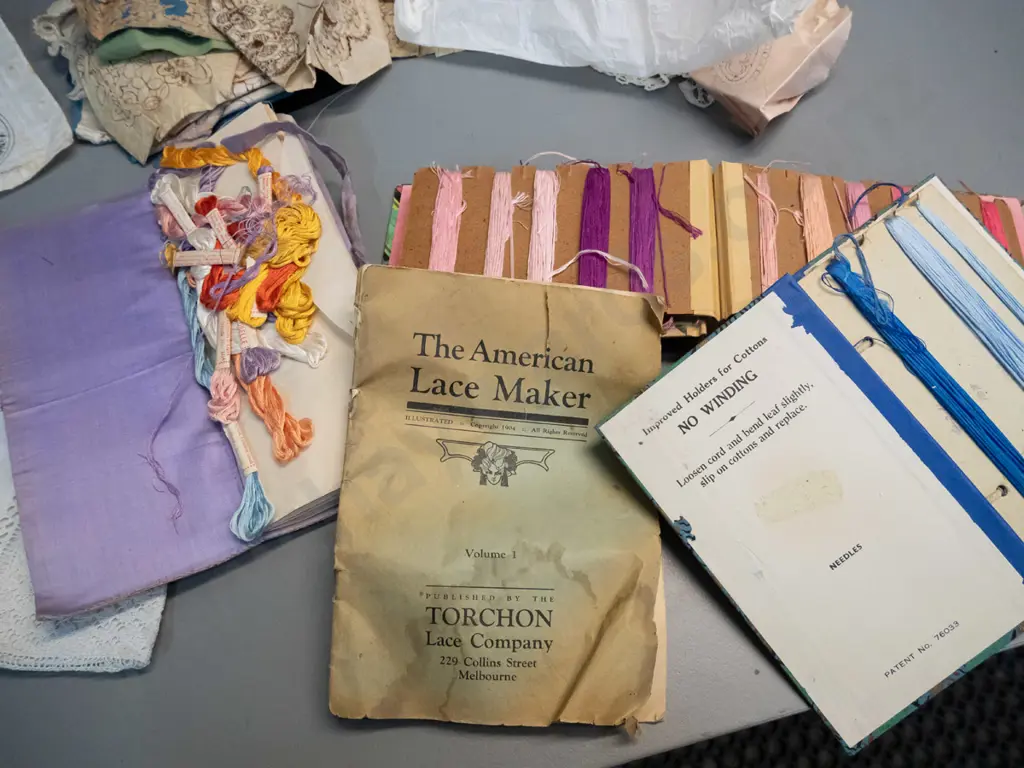 assorted vintage lace making patterns, partly finished lace pieces, booklets of silk thread, American Lacemaker booklet, Image 1++