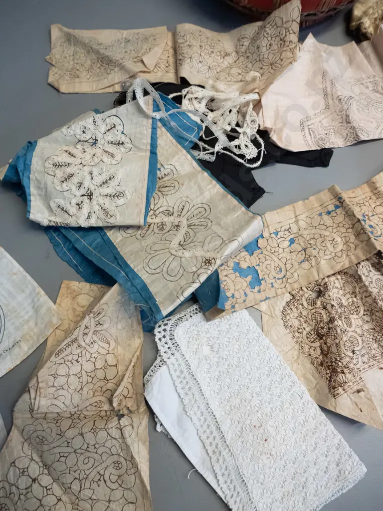assorted vintage lace making patterns, partly finished lace pieces, booklets of silk thread, American Lacemaker booklet, Image 1++