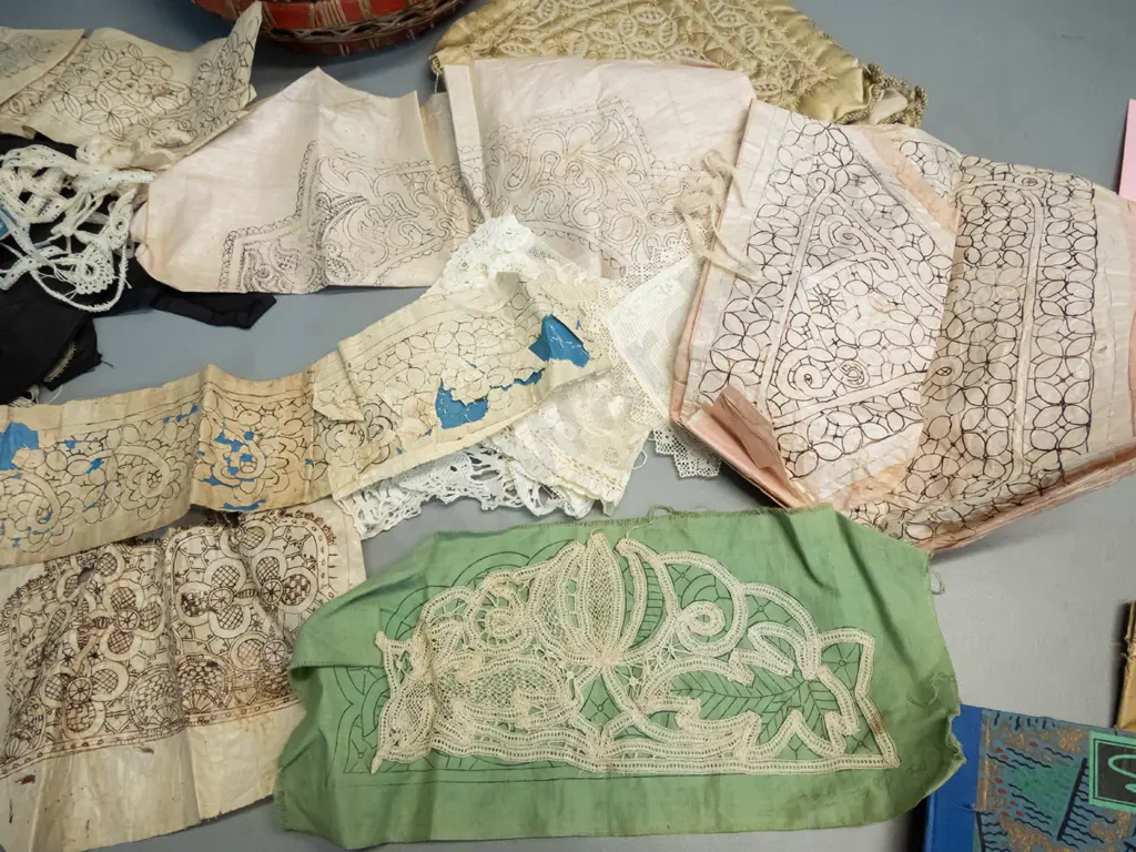 assorted vintage lace making patterns, partly finished lace pieces, booklets of silk thread, American Lacemaker booklet, Image 1++