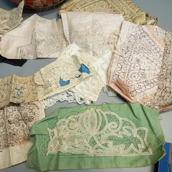 assorted vintage lace making patterns, partly finished lace pieces, booklets of silk thread, American Lacemaker booklet,