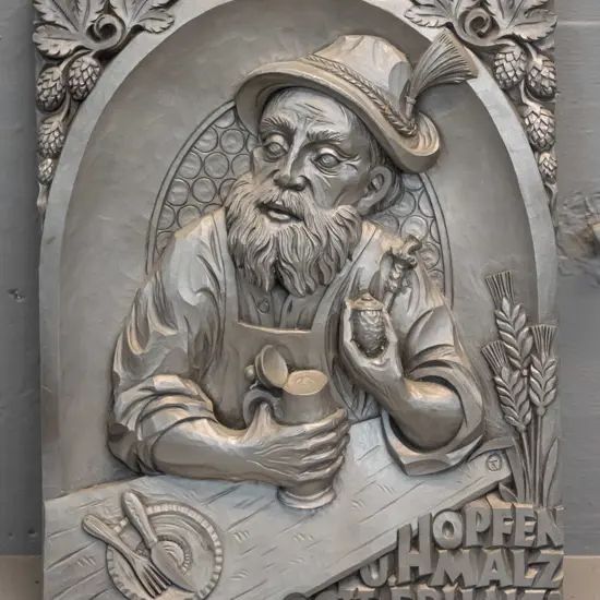 German composite wall plaque with pewter-look finish - beer drinking man and motto H-350 W-270