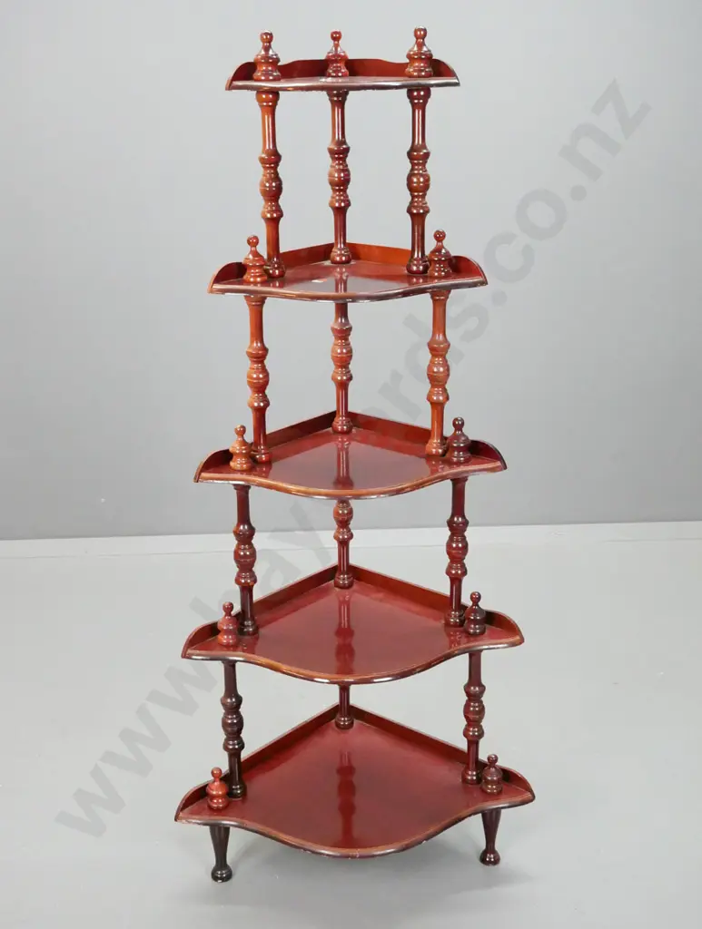 reproduction corner whatnot with 5 graduated shaped shelves, turned supports and finials H-1300 W-580 D-420 Image 1++