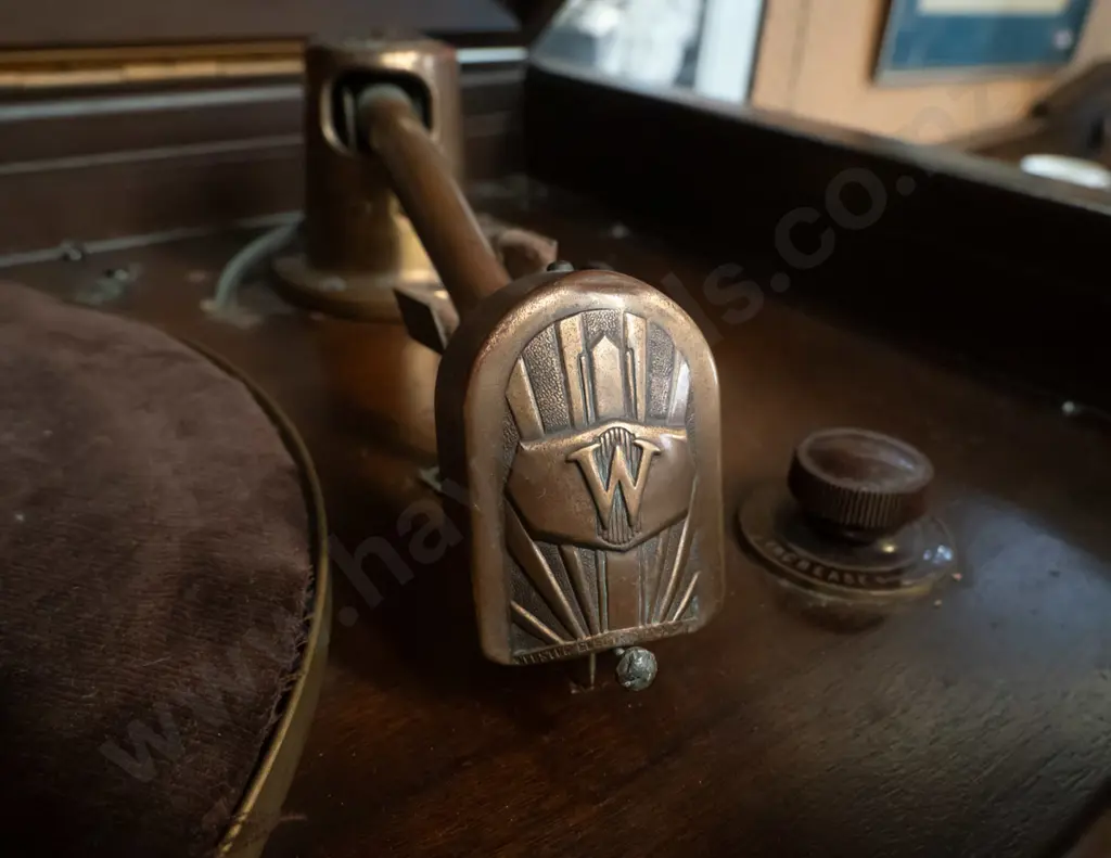 vintage gramophone & radio in mixed timber veneer cabinet, bakelite knobs, Webster Electric pickup, Eddy's of Adelaide Image 1++