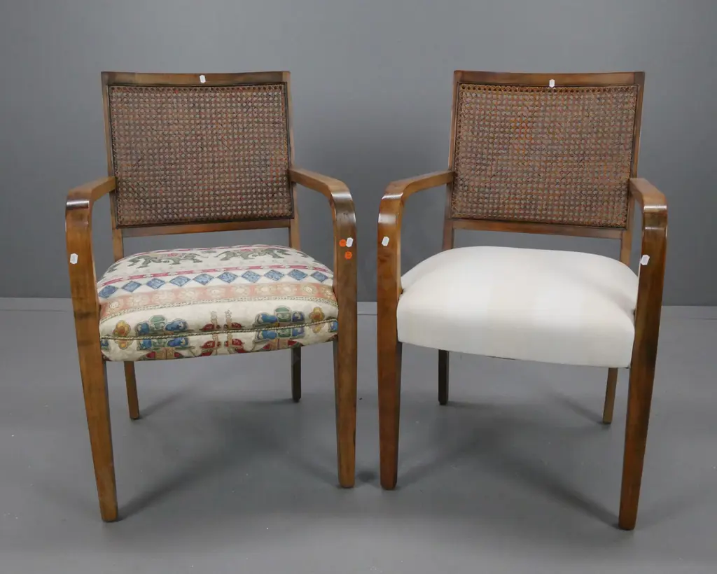 pair of beech open-arm side chairs, with woven cane back, (non matching) upholstered seats H-840 W-520 D-500 Image 1++