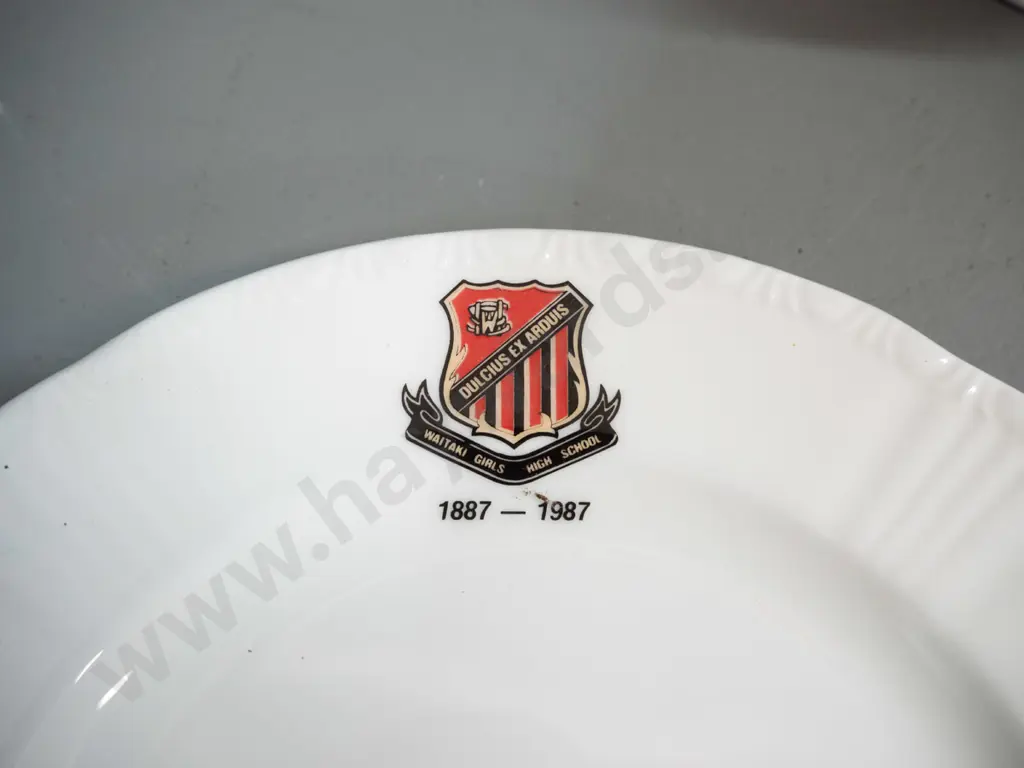 Grafton trio, cream, sugar and serving dish with Waitaki Girl's High School crest - trio is 1987 100th anniversary, Image 1++