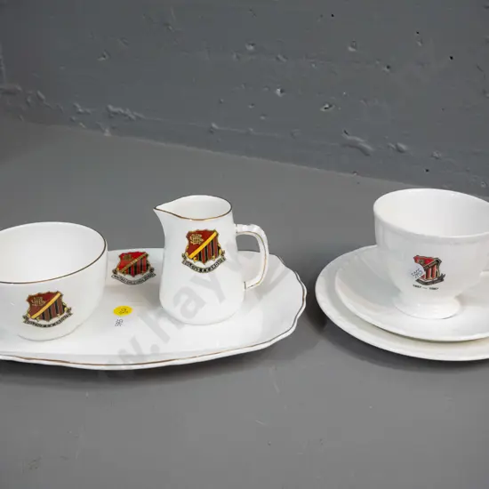 Grafton trio, cream, sugar and serving dish with Waitaki Girl's High School crest - trio is 1987 100th anniversary,
