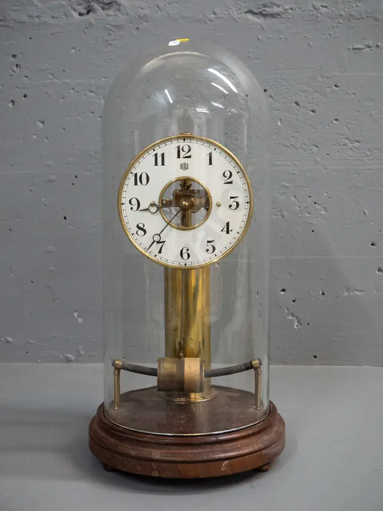 vintage Bulle French brass and glass dome clock on timber base H-460 NOT GOING Image 1++