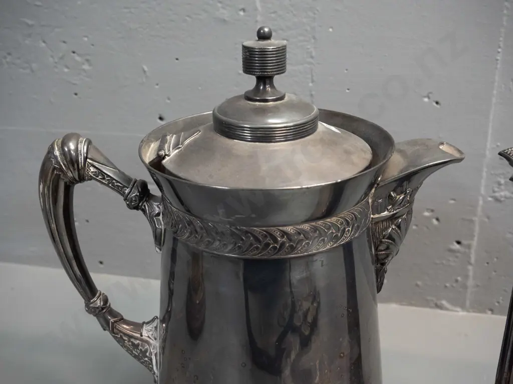 large EPNS silver plated coffee pot marked Meriden U.S.A. H-330 W-250 and 2 silver plated candlesticks Image 1++