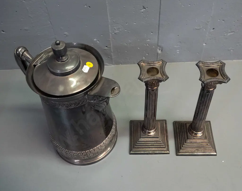 large EPNS silver plated coffee pot marked Meriden U.S.A. H-330 W-250 and 2 silver plated candlesticks Image 1++