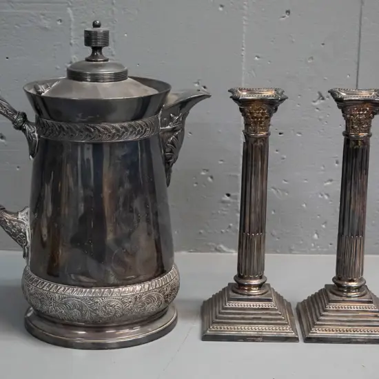 large EPNS silver plated coffee pot marked Meriden U.S.A. H-330 W-250 and 2 silver plated candlesticks