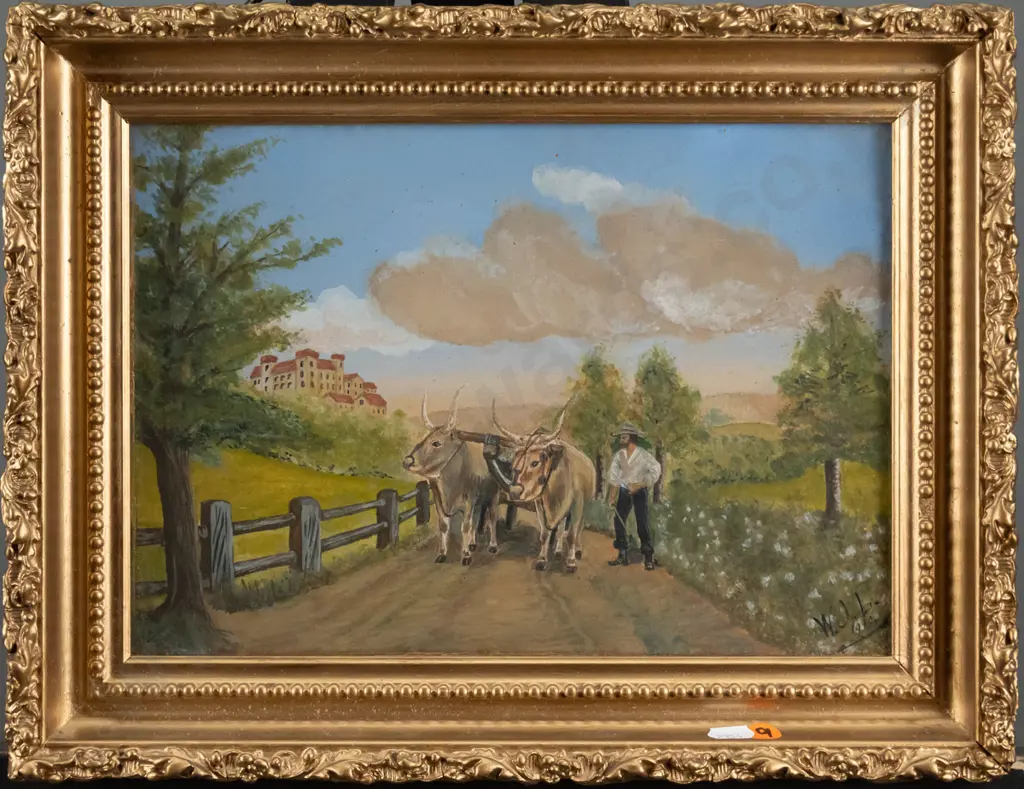 WJL 1920 - framed watercolour - man and bullocks  H-210 W-290 Image 1++