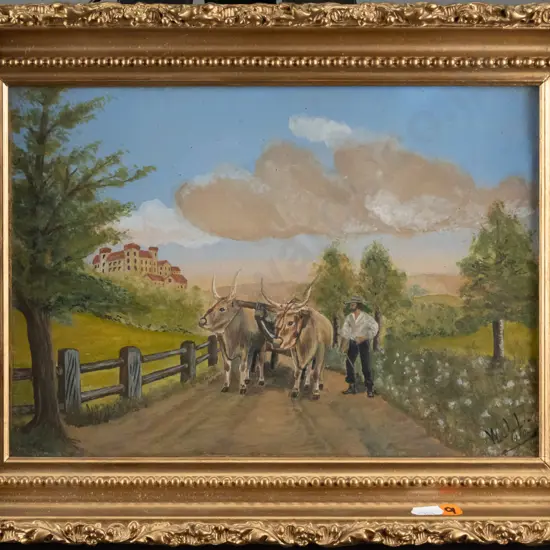 WJL 1920 - framed watercolour - man and bullocks  H-210 W-290